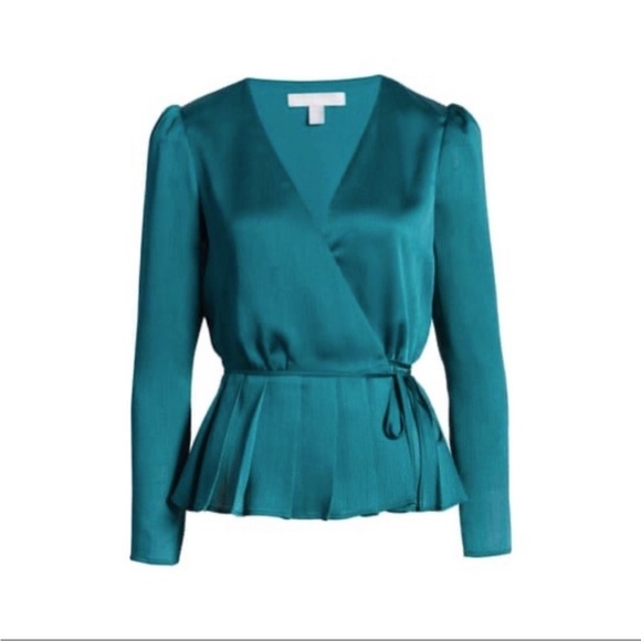 Chelsea28 Green Long Sleeve Pleated Wrap Long Sleeves Blouse Size S New - Picture 2 of 10